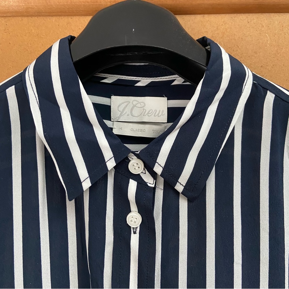 J Crew silk button down shirt long sleeve navy white vertical strip sz 14 L NWT